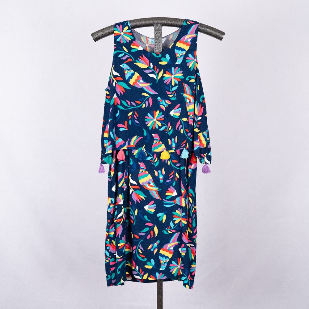 Escapada Living Women's Tassled Dress Size SMALL Tropical Rainbow Beachy Floral